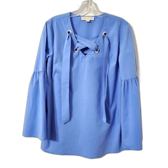 Michael Kors Womens Sz Medium Bell Sleeve Lace Neck Tie Blue - Picture 1 of 7